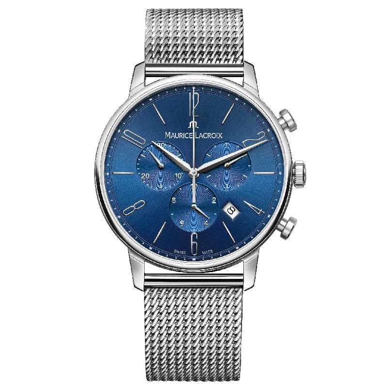 Round Dial Watches with Roman NumeralsMaurice Lacroix Men's Blue Eliros Chronograph Mesh Watch EL1098-SS006-420-1