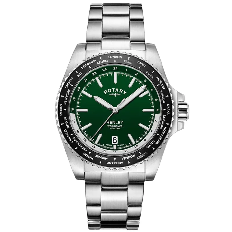 Stainless Steel Mesh Strap Watches for a Sleek LookRotary Henley World Timer Men's Green Watch GB05370/78