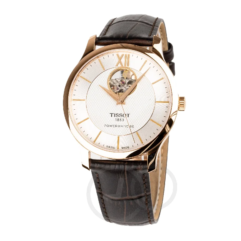 Watches with Skeletonized Hands for a Modern TwistTissot Watch Tradition Powermatic 80 Open Heart Gold Rose Brown T0639073603800