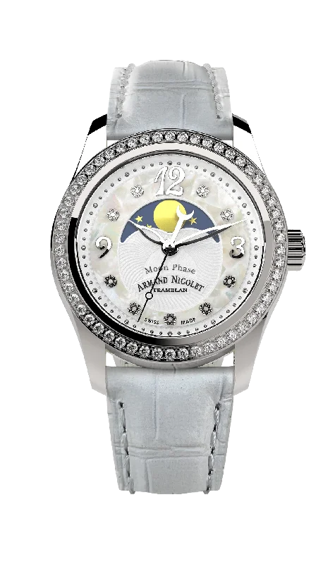 Watches with Luminous Markers for Night VisibilityArmand Nicolet Ladies Watch M03 Moonphase 34mm Silver White A151TAA-AN-P882BC8