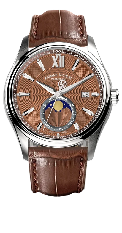 Watches with Power Reserve Indicator (for mechanical)Armand Nicolet Men's Watch M02 Moonphase 41mm Brown Copper A740L-RN-BP22740MAM