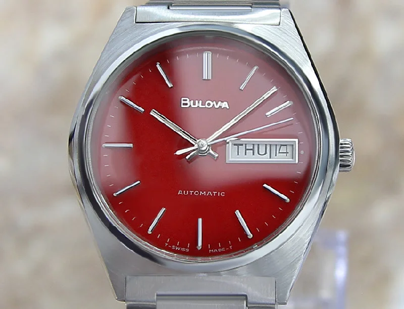 Round Dial Watches with Roman NumeralsRed 1970's Bulova N9 Swiss Made Men's Watch