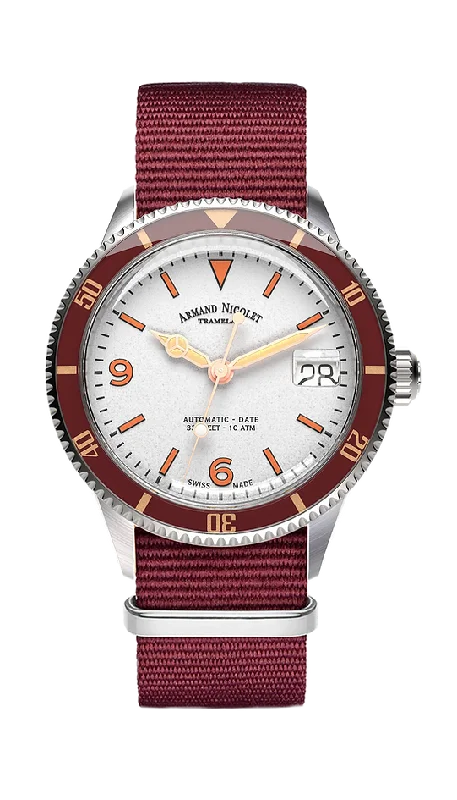 Watches with Stainless Steel PVD Coating for Scratch ResistanceArmand Nicolet Men's Watch VS1 Date 38mm Silver Burgundy A500AXAA-AS-BN19500AABX