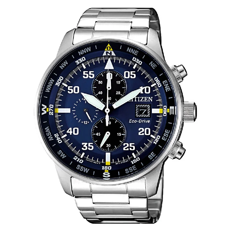 Wristwatches with Second Time Zone FeatureCitizen Men's Watch Eco-Drive Aviator Chronograph Blue CA0690-88L