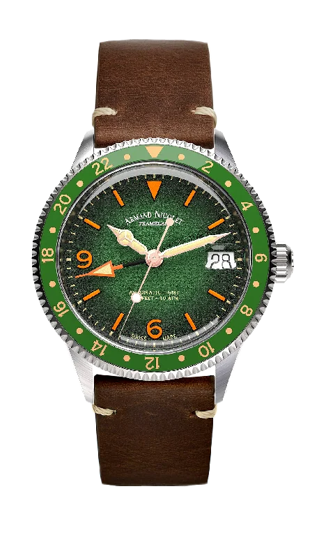 Watches with Embossed Dials for a Textured LookArmand Nicolet Men's Watch VS1 GMT 38mm Green Brown A506AVAA-VS-BP19500MAC