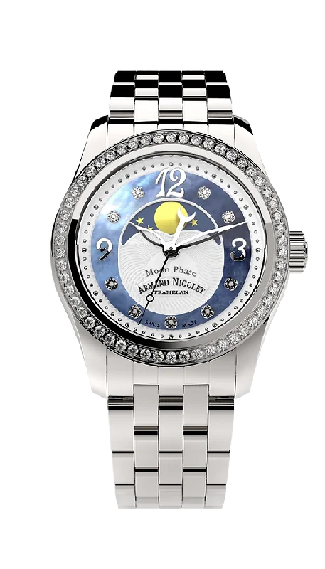 Stainless Steel Mesh Strap Watches for a Sleek LookArmand Nicolet Ladies Watch M03 Moonphase 34mm Silver Blue A151TAA-AK-MA150