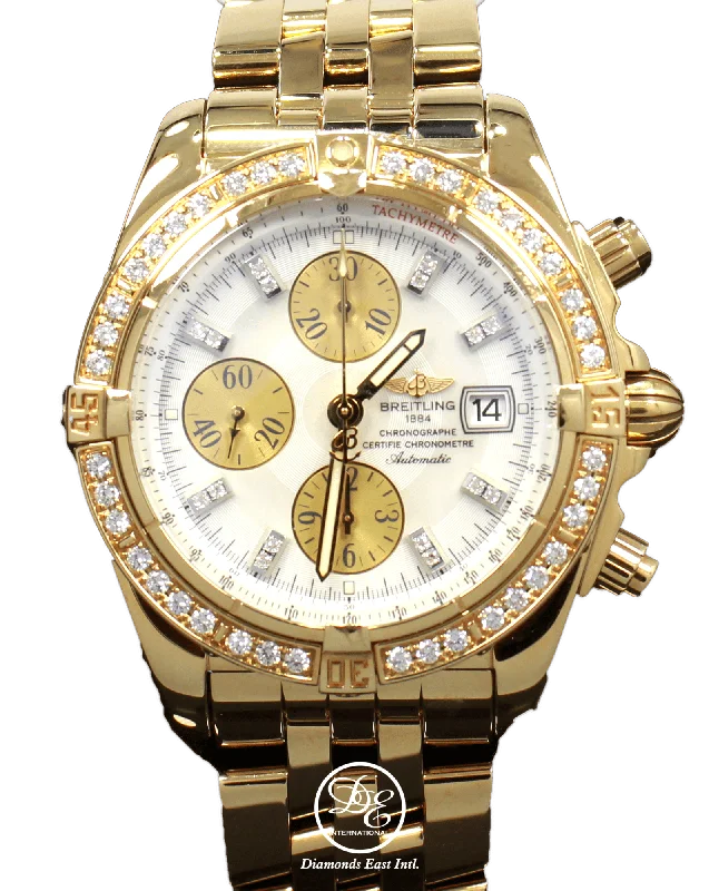 Solar-Powered Watches for Eco-Conscious UsersBREITLING Chronomat Evolution K13356 18K Yellow Gold Factory MOP Diamond Dial & Bezel Automatic