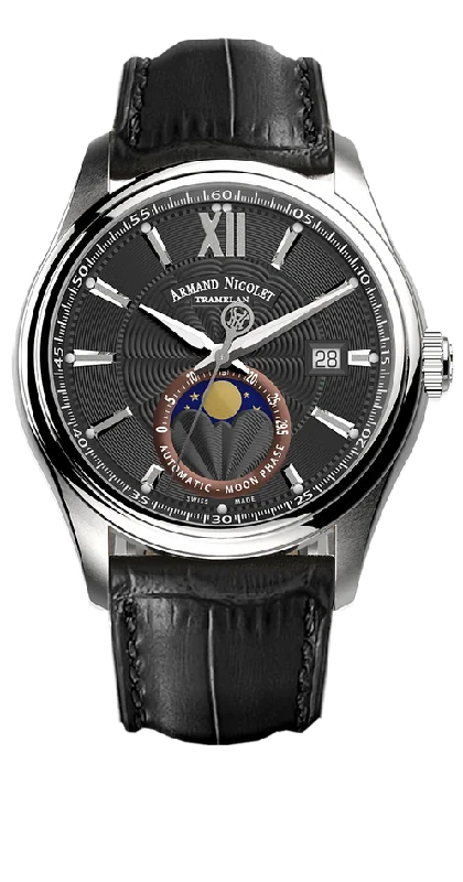 Watches with GMT FunctionArmand Nicolet Men's Watch M02 Moonphase 41mm Black A740L-NR-BP22740NAN