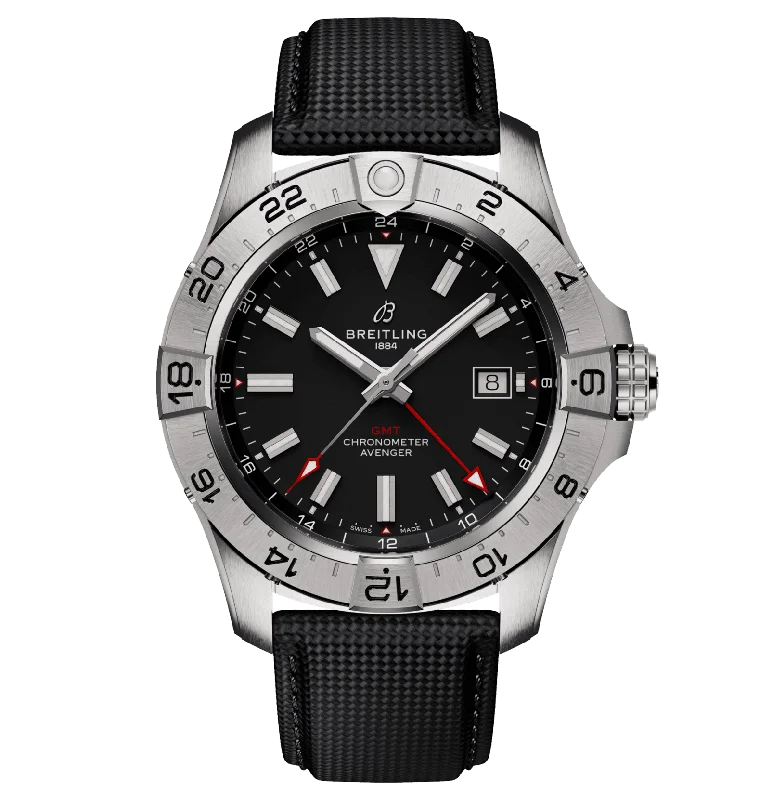 Watches with Skeletonized Hands for a Modern TwistBreitling Avenger Automatic GMT 44 Watch with Black Dial