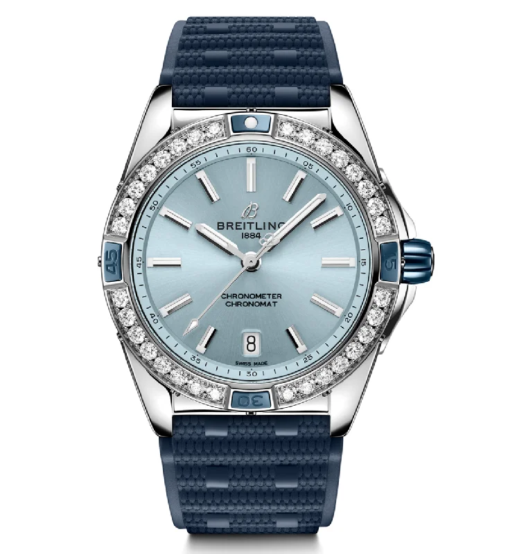 Retro-Inspired Quartz Watches for Retro LoversBreitling Super Chronomat 38mm Diamond Watch with Blue Rubber Strap