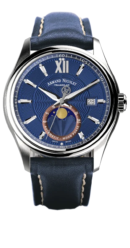 Watches with Heart Rate and Blood Pressure MonitorArmand Nicolet Men's Watch M02 Moonphase 41mm Blue A740L-BU-P140BU2