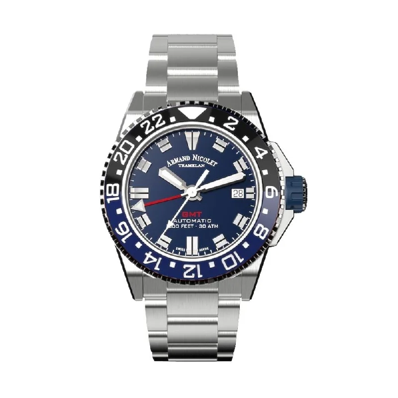 Watches with Luminous Markers for Night VisibilityArmand Nicolet JS9-41 GMT Stainless Steel Blue Bezel