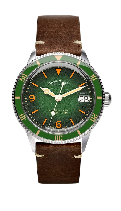 Traveler’s Watches with World Time FunctionArmand Nicolet Men's Watch VS1 Date 38mm Green Brown A500AVAA-VS-BP19500MAC