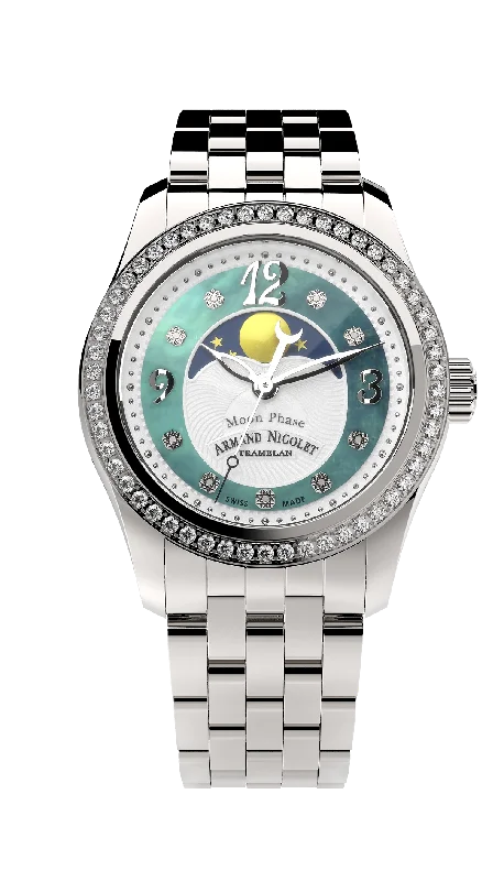 Leather Cuff Watches for a Bohemian LookArmand Nicolet Ladies Watch M03 Moonphase 34mm Silver Green A151TAA-AV-MA150