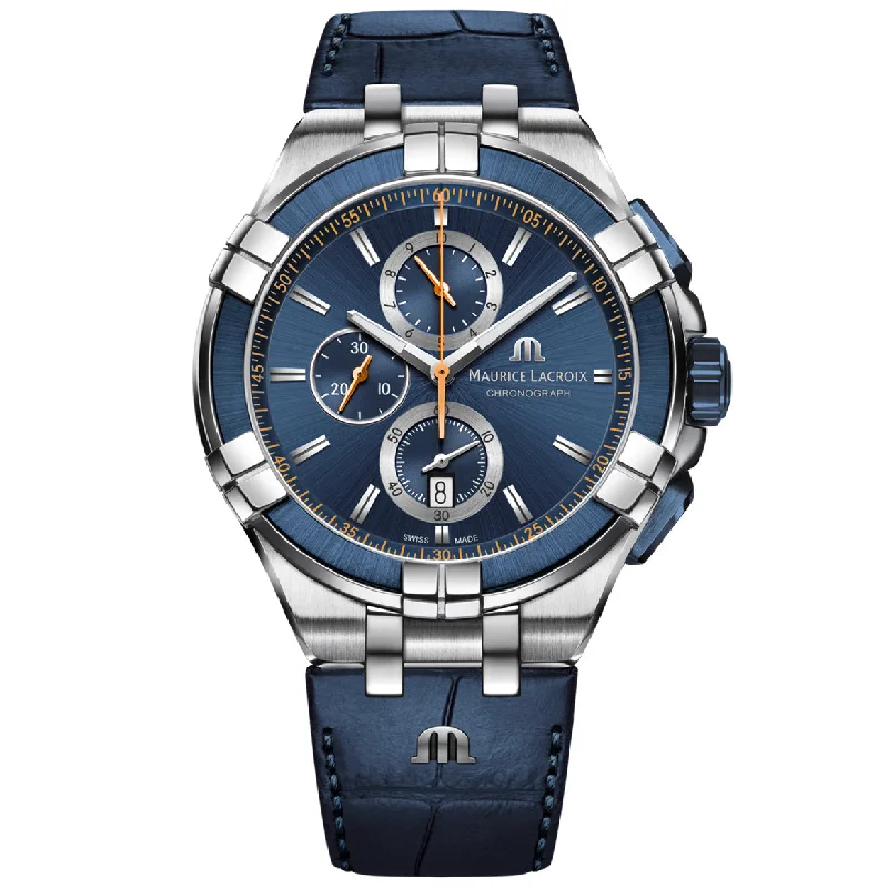 Leather Cuff Watches for a Bohemian LookMaurice Lacroix Men's Blue Aikon Chronograph Watch AI1018-SS001-432-4