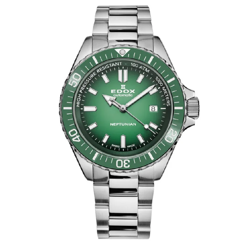 Watches with Baton-Style Hands for a Classic LookEdox 80120-3VM-VDN1 Men's Neptunian Automatic Green Watch