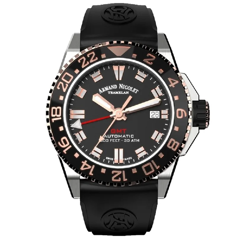 Watches with Engraved Dials for PersonalizationArmand Nicolet JS9-41 GMT Stainless Steel Black Ceramic Bezel