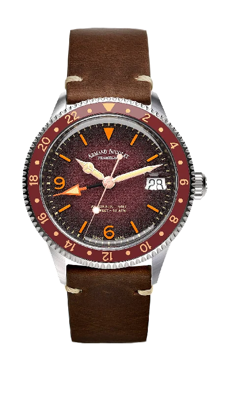 Leather Band Watches with Quick-Release BucklesArmand Nicolet Men's Watch VS1 GMT 38mm Burgundy Brown A506AXAA-XS-BP19500MAC