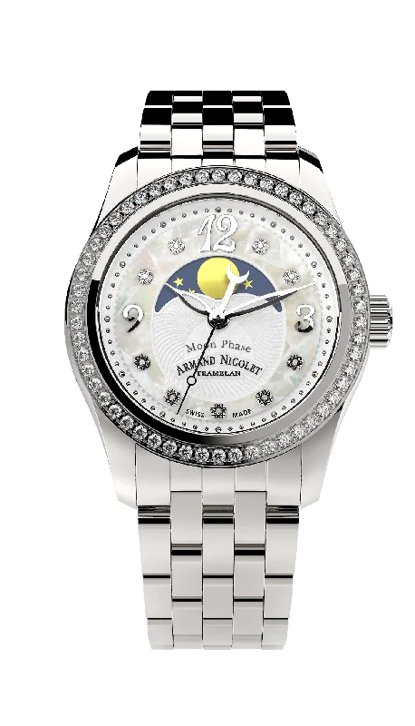 Watches with Multiple Time Zone DisplaysArmand Nicolet Ladies Watch M03 Moonphase 34mm Silver White A151TAA-AN-MA150